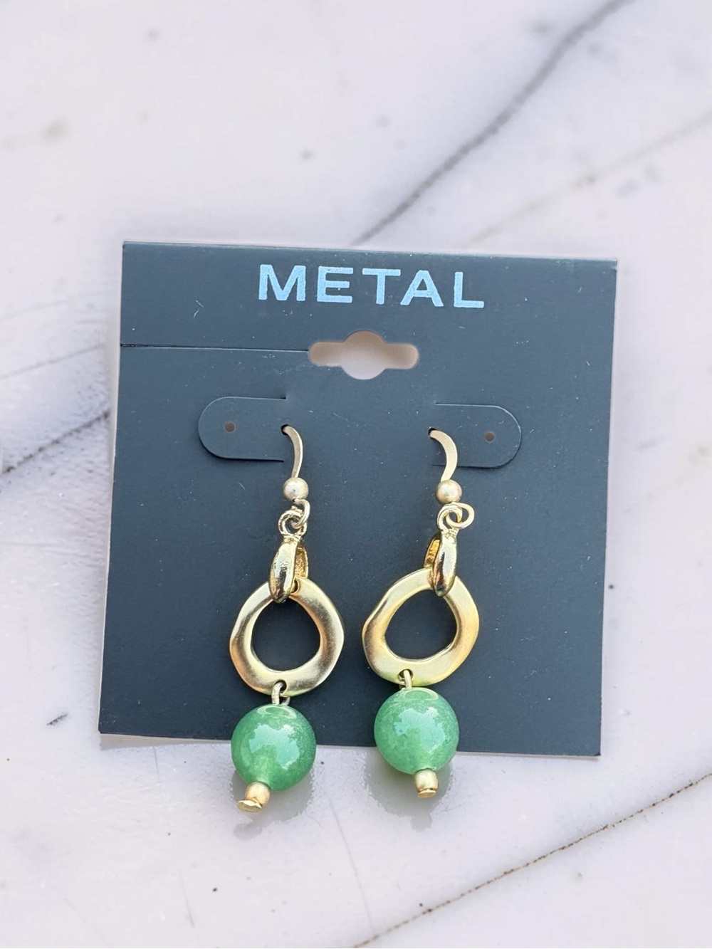 Metal Gold Drop Earrings with Green Bead